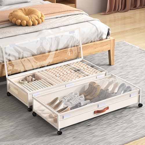 Under Bed Storage Containers with Wheels Large Underbed Shoes Blankets Clothes Toy Storage Drawers for College Dorms Bedrooms Nursery Rooms Organization (White 2 Pack, 7.5in height(36"x16.6"x7.48")) by Unknown