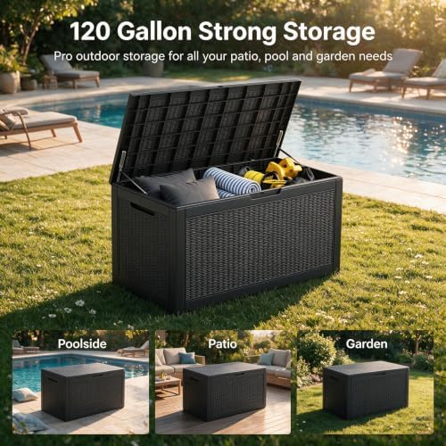 120 Gallon Deck Box,Lockable Outdoor Storage Box Gas Lift,Waterproof Black - Image 7