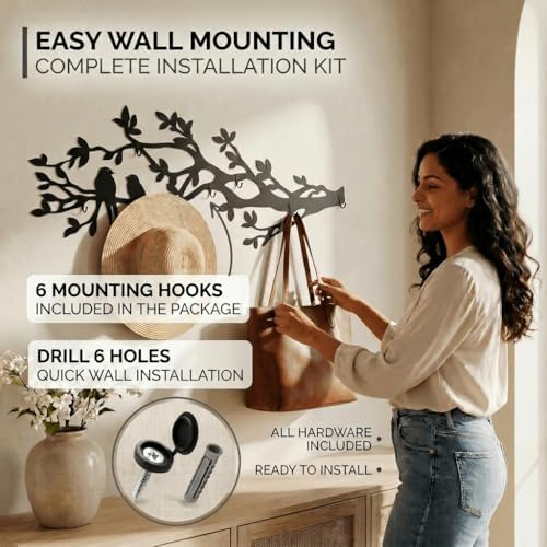 Tree Branch Coat Rack Wall Mount, 5 Hooks – Heavy Duty Metal, Birds on Tree Branch Wall Art & Functional Entryway Organizer, Wall Mounted Hanger for Living Room, Bathroom, Bedroom, Home Décor, 41x16" - Image 5