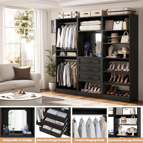 Unikito 75" Modular Closet System with 3 Sets, Mirror & Drawers, Black - Image 3