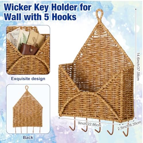 Gerrii Wicker Key Holder for Wall Rattan Mail Shape Holder with 5 Hooks - Image 2