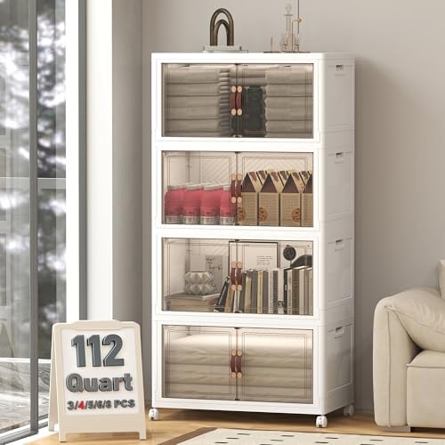 UAMFURI 448QT Lockable Storage Bins with Lids - Stackable Storage Cabinet with Doors and Wheels, Collapsible Plastic Organizer and Containers for Bedroom Dorm Office Garage, 4 Pack Cubes by UAMFURIDirect