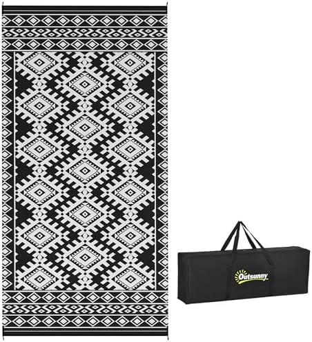 Outsunny Outdoor Rug for Patio Waterproof 9' x 18' Black & White Rhombus by Outsunny