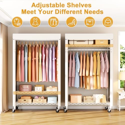 ULIFHOME P6C Rolling Clothes Rack with Cover, 3-Tier Covered Clothing Rack - Image 3