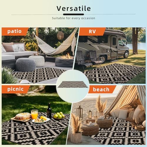 Favoyard Outdoor Rug Black & Beige 8x10 ft Waterproof Reversible Carpet Mat - Image 6