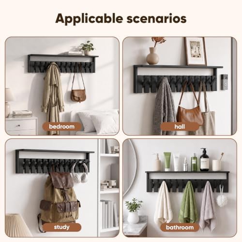 Wall Mounted Coat Rack with Shelf, 12 Flip-Down Hooks, Black - Image 5