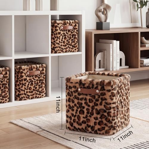 FoldTier 4 Pcs Brown Foldable Leopard Faux Fur Storage Cubes 11 Inch - Image 3