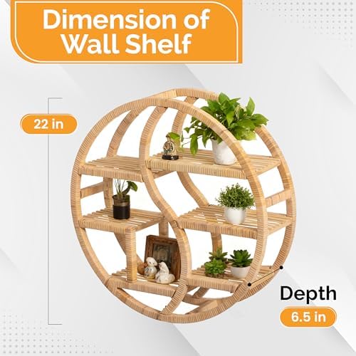 Vintiquewise Round Bamboo Wall Shelf with 3-Tier Wooden Display Sections – Boho Circle Hanging Shelf for Living Room, Bedroom, Entryway & Home Decor, Plants & Collectibles - Image 2