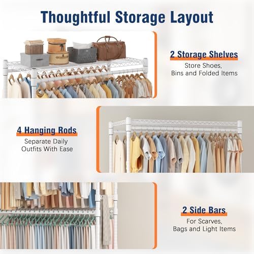 Homdox Heavy Duty Rolling Clothes Rack, Adjustable Clothing Rack for Hanging Clothes, Portable Closet Rack with 4 Hanging Rods, 2 Storage Shelves, 45" W x 20.5" D x 80" H, White - Image 6