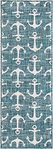 Unique Loom Outdoor Coastal Collection Area Rug - Ahoy (2' x 6' Runner Teal/Ivory) - Image 3
