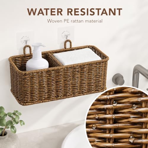 AceList Hanging Wall Basket with Removable Dividers, Set of 2 Woven Storage Baskets - Faux Rattan Wall Mounted Organizer for Kitchen Bathroom, Includes 5 Clear Hooks & 5 No-Mark Nails, Boho Decor - Image 6