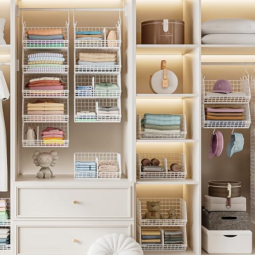 6 Tier Extra Large Hanging Closet Organizer, Closet Storage Hanging with Dividers, Wire Closet Shelf with 5 S Hooks 4 Dividers,Sweater Handbag Hat Accessory Storage Hanger,White - Image 7