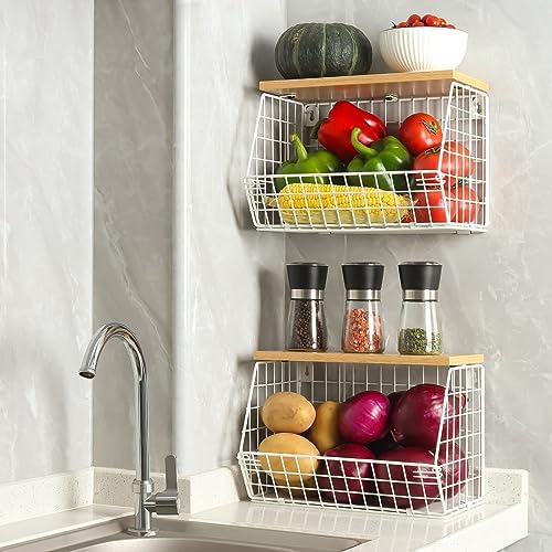 Mefirt Fruit Basket, 2-Tier Fruit Bowl for Kitchen Counter, Stackable Wall Mounted Fruit Storage, Snack Organizer, Potato and Onion Storage Basket, Hanging Pantry Storage with Wood Lid, 2 Set, White - Image 2