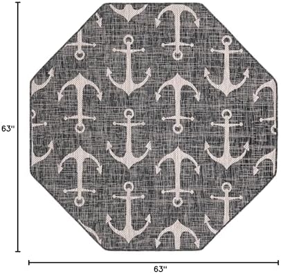 Unique Loom Outdoor Coastal Collection Area Rug - Ahoy (5' 3" Octagon, Charcoal/ Ivory) - Image 2