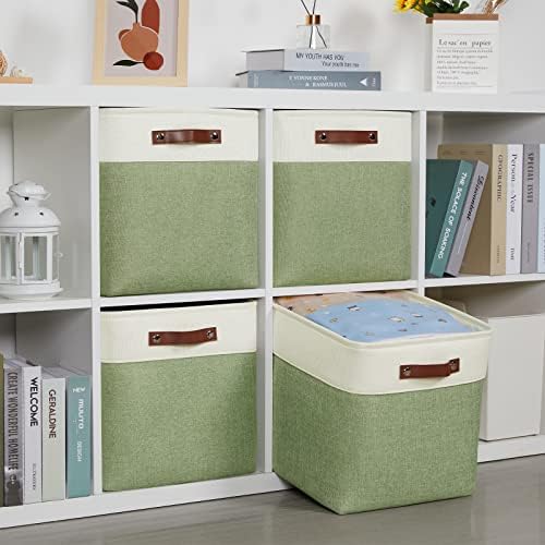 DULLEMELO Storage Baskets for Organizing, Linen Closet Organizers and Storage Baskets for Dog Box, 13 Inch Decorative Cube Storage Bins with handle for Gift Basket(4 Pack - 13" White&Green) - Image 7
