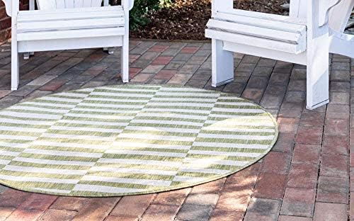 Unique Loom Outdoor Striped Collection Area Rug - Striped (4' 1" Round, Green/Ivory) - Image 3