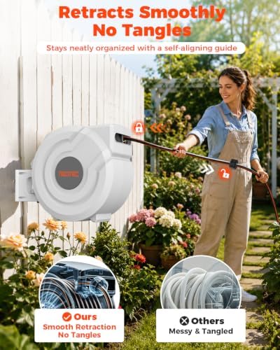5/8 inch 100ft Retractable Garden Hose Reel with Any-Length Lock Slow Auto Rewind Heavy Duty Hose Reel With 9-Pattern Nozzle 180° Swivel Bracket UV Resistant Wall Mounted Hose Reel for Outside - Image 2