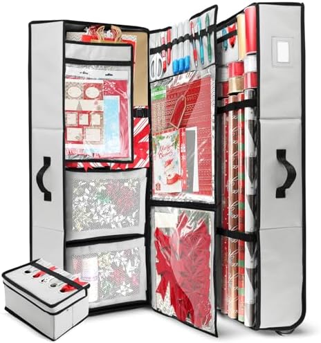 Hearth & Harbor Wrapping Paper Storage Container with Ribbon Dispenser and Interior Pockets - Large Christmas Storage Containers with Wheels, Fits 30 Rolls of 40" Length, Silver by HearthHarbor