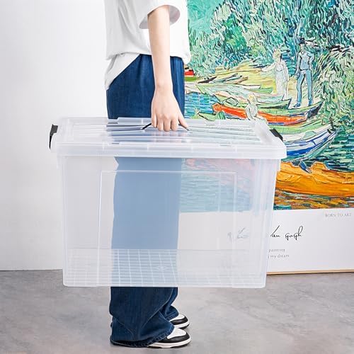 Cetomo Lidded Storage Bin with Handle, Storage Bins with Lid, Organizing Container with Secure Latching Buckles, Stackable and Nestable, Plastic, 95 Quart-6 Pack, Clear - Image 4