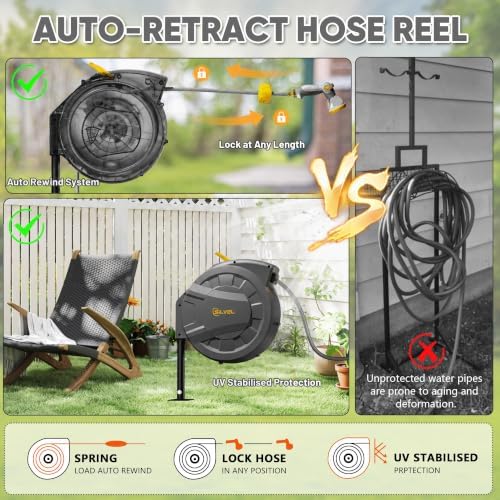 SILVEL Automatic Retractable Garden Hose Reel on Metal Spike, 1/2 in x 90FT Ground Mounted Outside, UV Resistant with 10 Pattern Nozzle, 360° Swivel, No Holes in Your House, Easy Installation, Yellow - Image 4