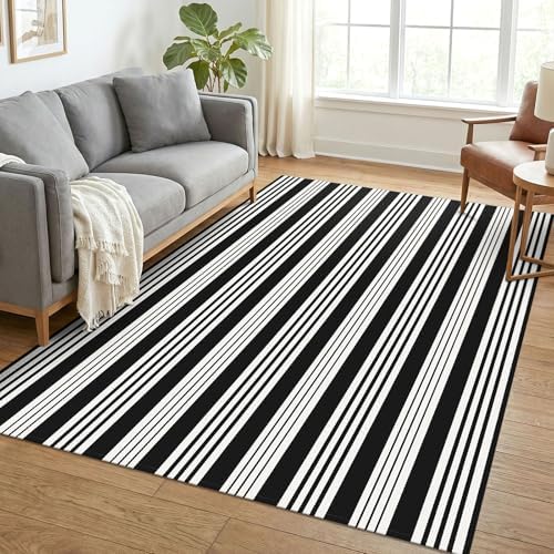 KOZYFLY 5x7 ft Area Rug Black and White Rug Woven Washable Striped Rugs by KOZYFLY