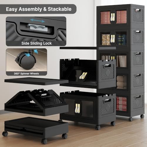 UAMFURI Stackable Storage Bins with Lids, Clear Doors, Large Storage Cabinet Foldable Collapsible Closet Organizers for Bedroom Dorm Office (5, Black, 48, Quarts) - Image 4