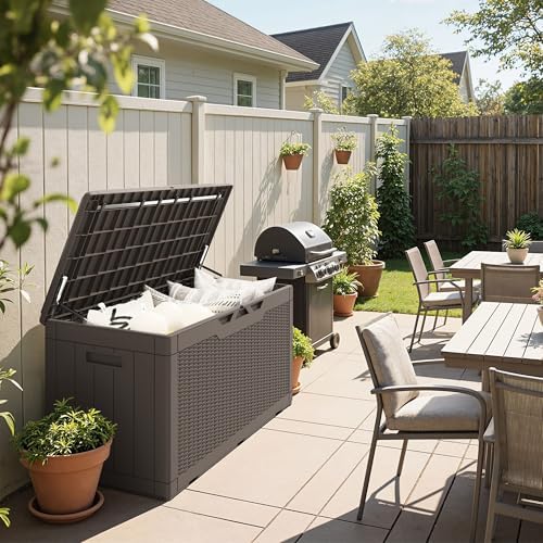 Greesum 100 Gallon Resin Deck Box Large Outdoor Storage Boxes with Cushions for Garden Tools, Patio Furniture Pillows, Pool Supplies, Dark Brown - Image 5