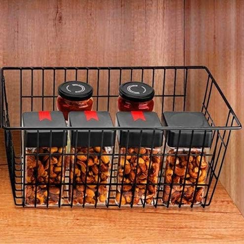 Slideep Farmhouse Metal Wire Basket, Fridge Freezer Storage Organizer Bins with Handles for Kitchen Cabinets, Pantry, Closets, Bedrooms, Bathrooms, Black 3 Pack - Image 5