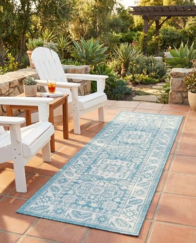 Rugs.com - Outdoor Aztec Rug – 6 Ft Runner Aqua Indoor/Outdoor Rug – Weather-Resistant Runner for Patios, Decks, and Porches by Rugscom