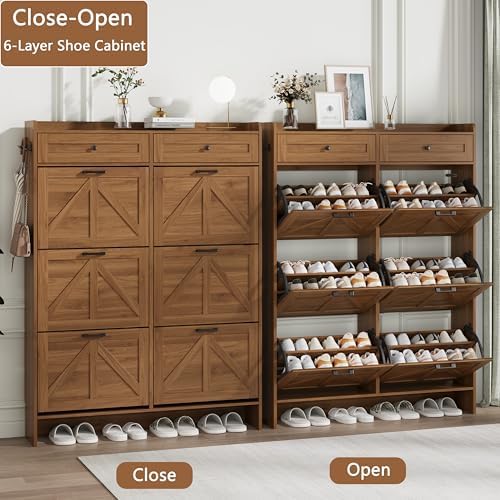 Shoe Cabinet with 6 Flip Drawers & 2 Top Drawers, 57" Tall Freestanding Narrow Wooden Shoe Storage Organizer for Entryway, Hidden Slim Shoe Rack for Front Door Entrance, Hallway, Living Room, Walnut - Image 4