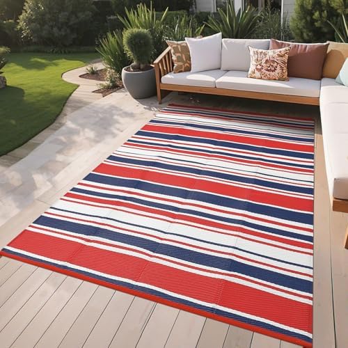 GAOMON 10x14 Outdoor Rug Waterproof for Patio Plastic Straw Large Rug Geometric Stripe Indoor Outdoor Area Rug Modern Lines Outdoor Camping Rugs for RV Porch Deck Trailer Beach, Red Navy White by GAOMON