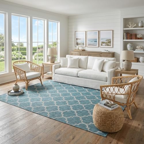 Unique Loom Outdoor Trellis Collection Area Rug (7' 1" x 10' Rectangle, Teal/ Gray) - Image 5