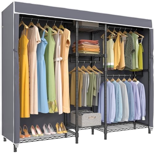 VIPEK Classic V6C Heavy Duty Covered Clothes Rack Portable Wardrobe Closet, 5 Tiers Wire Garment Rack Black Metal Clothing Rack with Grey Oxford Cover, 70.1" L x 17.3" W x 76.4" H, Max Load 870 LBS by VIPEK