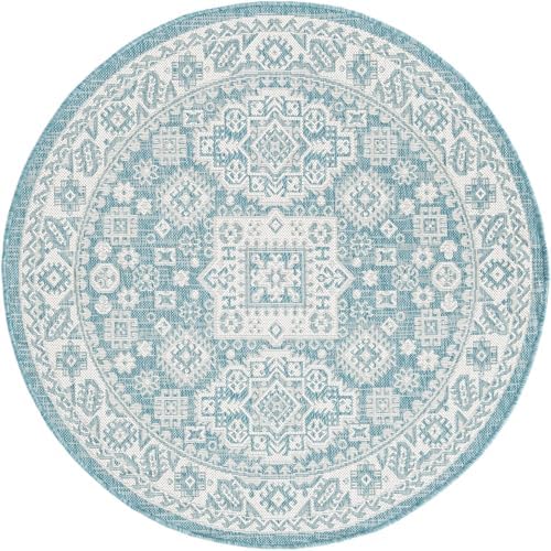 Rugs.com - Outdoor Aztec Rug – 4 Ft Round Aqua Indoor/Outdoor Rug – Washable Flatweave Carpet for Patios, Decks, and Porches - Image 3