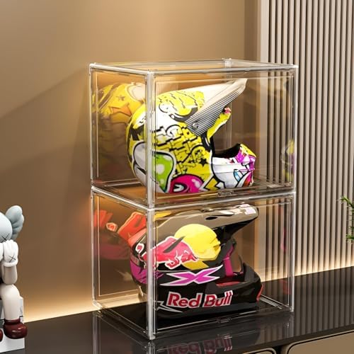 GUDEMAY Large Clear Stackable Plastic Storage Bins with Door, Dustproof Figures Collectibles Display Case, Football & Motorcycle Helmet Showcase, Basketball, Memorabilia Organizer Box (XL, Count, 1) by HaveANiceDay
