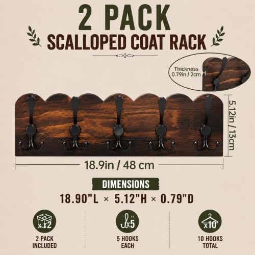 Leinuosen 2 Pack Rustic Coat Rack Wall Mounted, 18.9 Inch Wood Entryway Organizer with 3 Hooks, Brown Scalloped Edge Farmhouse Hanging Rack for Jackets, Hats, Bags and Towels - Image 3