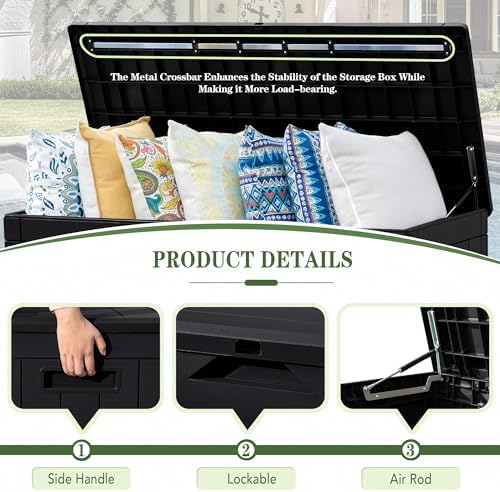 Greesum 100 Gallon Resin Deck Box Large Outdoor Storage, Imitation Rattan Weave Texture for Patio Furniture, Garden Tools, Pool Supplies, Weatherproof and UV Resistant, Lockable, Dark Black - Image 6