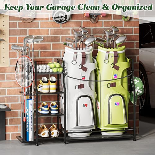 Golf Bag Storage Organizer for Golf Accessories, Golf Bag Stand with Extra Storage Rack for Golf Clubs & Golf Essentials, Golf Bag Holder for Garage Organization Fits 2 Bags, Metal & Wood Construction - Image 4