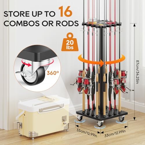 Fishing Rod Holder Rack with 360° Rotating Base – 16 poles Capacity,multi-purpose Rod Storage Rack,Easy Install & Durable Wooden Vertical Fishing Pole Holders for Ground,Black - Image 2