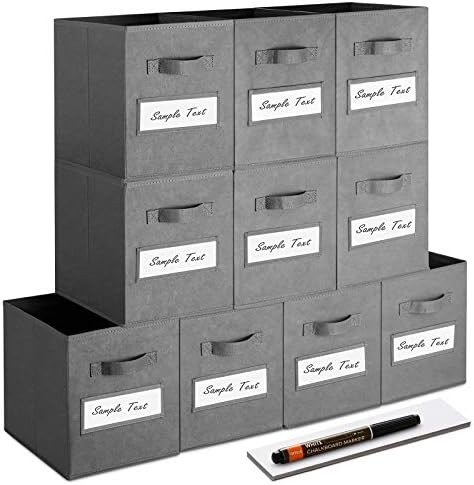 11 Inch Storage Cube,Storage bin (Set of 10) Foldable Fabric Cube Storage Bins with 10 Labels Window Cards & a Pen,Baskets Containers for Shelves,Closet Organizers Box for Home & Office,Gray by Artsdi