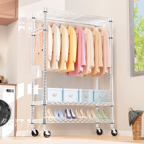 M MZG Heavy Duty Rolling Garment Rack 3 Tiers Adjustable Wire Shelving Clothes Rack with Rods and Side Hooks,Storage Closet Clothing Rack with Wheels Chrome 17.7" D x 47.2" W x 83.6" H - Image 5