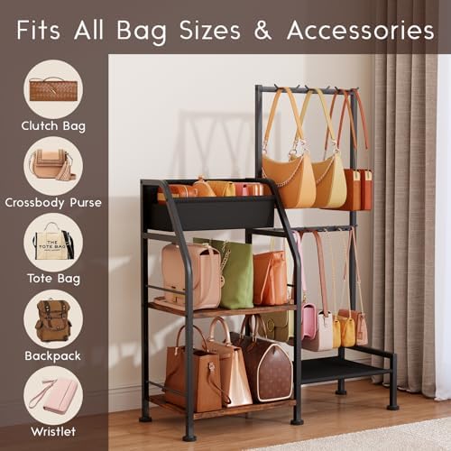 Homsorout Purse Organizer for Closet - Purse Rack Stand with 12 Hooks, 2 Wooden Shelves Purse Storage for Closet, Large Capacity Backpack Storage, Handbag Organizer for Home, Living Room, Black - Image 4
