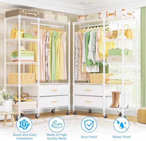 Ulif F3R Heavy Duty Clothes Rack（With Lockable Wheels）Freestanding Clothing Racks for Hanging Clothes，Adjustable Closet Organizer System，Portable Garment Rack 40"W x 15"D x 74"H，Max Load 700LBS，White - Image 4