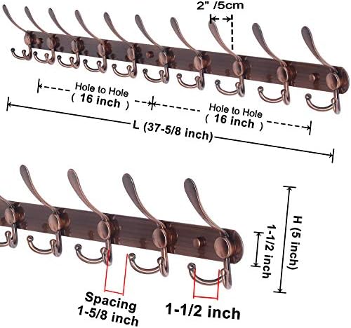 Dseap Coat Rack Wall Mount - 38” Long 10-Tri-Hooks Heavy Duty Coat Hanger Rail Wall Hooks for Hanging Coats Hats Clothing Clothes Purse Mudroom Entryway, Antique Copper - Image 2