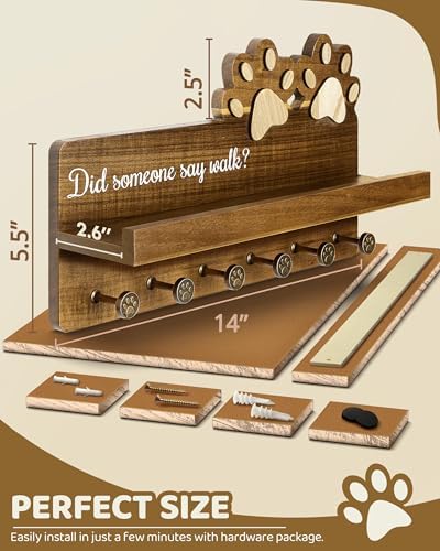 MTERSN Acacia Wood Dog Leash Holder for Wall with Shelf & 6 Hooks, Brown - Image 2