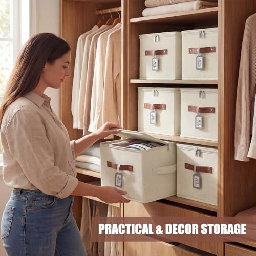 6 Pack Fabric Closet Storage Bins with Lids, 10×8×7 in, Beige - Image 6