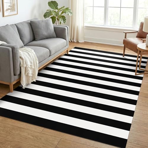 KOZYFLY Black White Rug 5x7 Area Rug Woven Striped Living Room Rugs by KOZYFLY