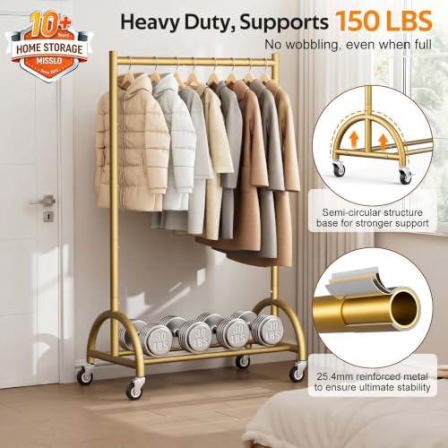 MISSLO Heavy Duty Clothing Rack with Wheels Rolling Clothes Racks for Hanging Clothes, Coats, Garment, Dress, Gold, 30" W - Image 2