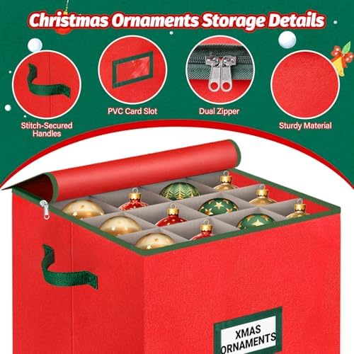 StorageRight Christmas Tree Bag & Ornament Storage Box 2Pcs Set, Waterproof 9 Ft Tree Storage & 64-Compartment Organizer with Dividers, Tag Pockets & Handles, Heavy-Duty Xmas Decor Containers, Red - Image 7