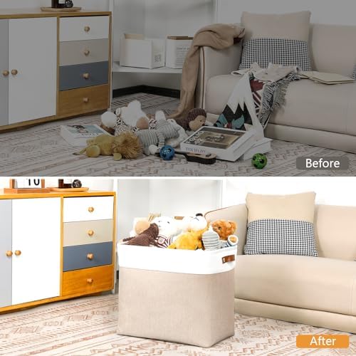 DULLEMELO Large Storage Baskets for Organizing, Canvas Storage Bins Big Baskets With Handles for Shelf Clothes Empty Gift Basket (White&Khaki) - Image 4